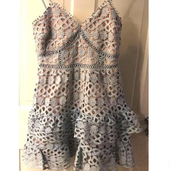 Just Me Lace Ruffle Dress in Light Blue Floral size Large - Picture 3 of 10